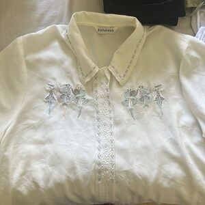 Button up white t shirt with embroidered band members